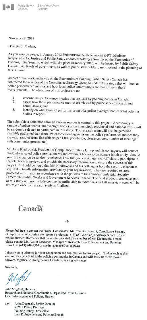 Lettre de Julie Mugford, Directrice Sécurité publique Canada, Division de la recherche et de la coordination  nationale sur le crime organisé, Secteur de la police, et de l'application de la  loi. Traduction