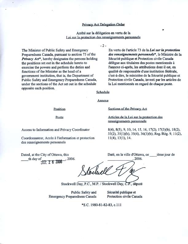 Annex A: Delegation Orders - Privacy Act