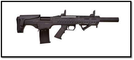 A Revolution Armory Titan K78 shotgun with a bullpup design. It is a black rifle with a long barrel and a detachable magazine that is located behind the trigger.