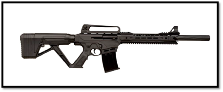 An Armed Stryker shotgun, which has a tactical design. It is a black rifle with a long barrel and a detachable magazine.