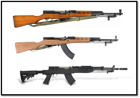 Three variations of the SKS rifle. The top rifle is the original, wooden design of the SKS with a fixed magazine. The second rifle is an SKS that has been modified to accept a detachable large capacity magazine. The third is an SKS rifle that has been modified with modern parts to resemble an AK style firearm.