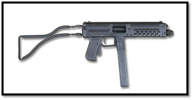 a Franchi LF57 submachine gun. It is a short, black firearm with a folding stock and an extended magazine.